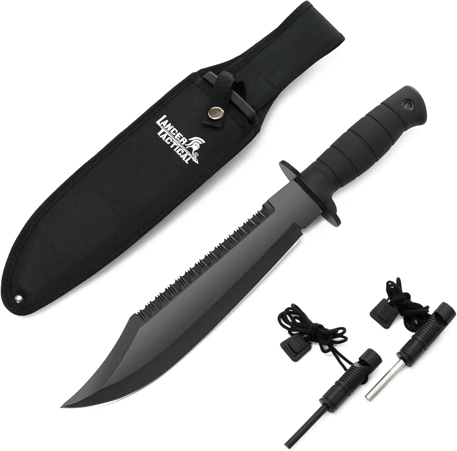 Lancergear Survival Hunting Knife with Sheath, 15" Stainless Steel Fixed Blade, Black Rubber Non-slip Handle, Suitable for Camping, Hunting and Adventure, Cool Knife Gift for Men