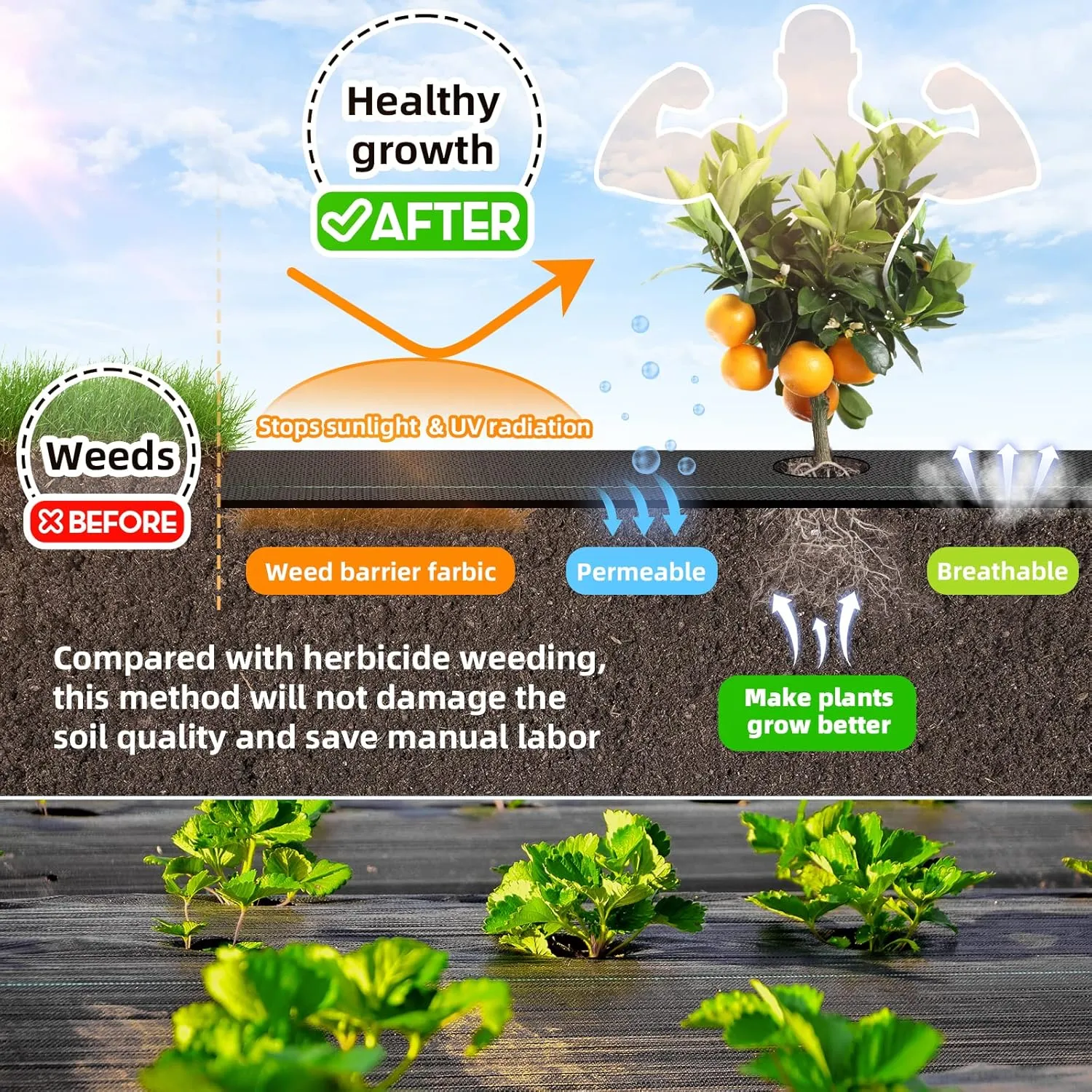 LAVEVE 3FT x 100FT Weed Barrier Landscape Fabric, 3.2oz Premium Heavy Duty Garden Cloth, Ground Cover for Gardening, Farming with 20 U-Shaped Securing Pegs
