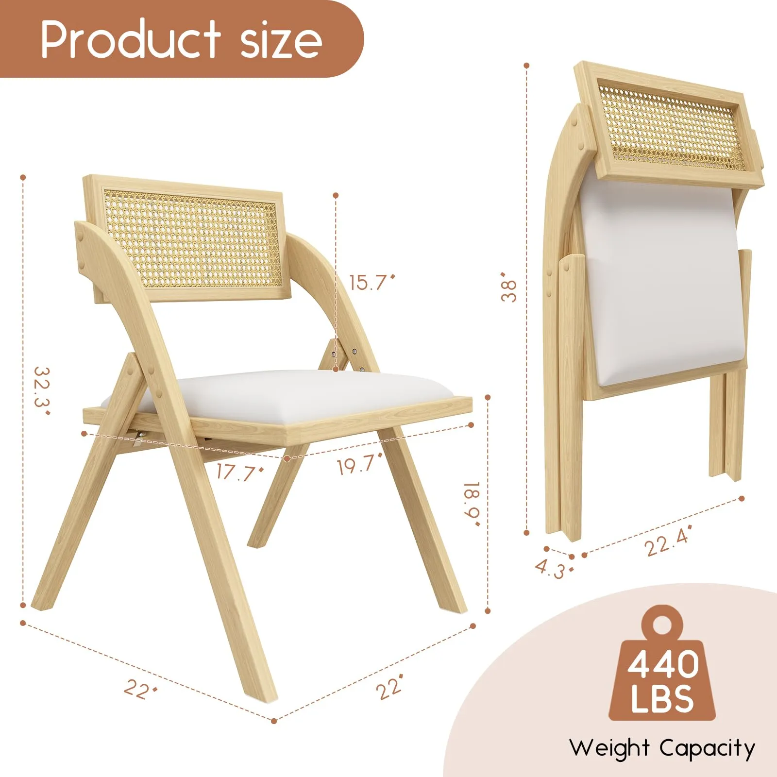 lavimiya Beige Folding Dining Chairs Set of 2, Wooden Foldable Dining Chairs, Modern Mid Century Leather Rattan Dining Room Chairs with Padded Cushion for Kitchen, Living Room, Small Space
