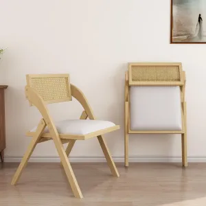lavimiya Beige Folding Dining Chairs Set of 2, Wooden Foldable Dining Chairs, Modern Mid Century Leather Rattan Dining Room Chairs with Padded Cushion for Kitchen, Living Room, Small Space