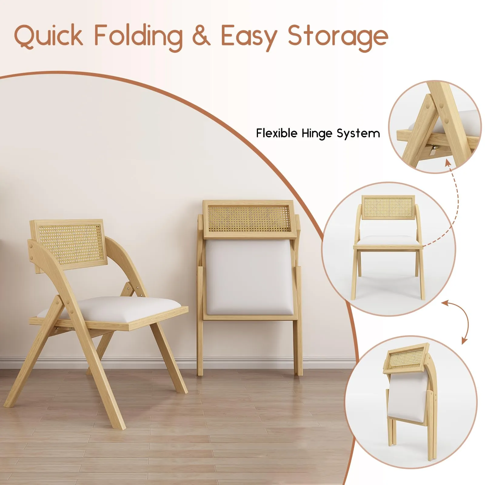 lavimiya Beige Folding Dining Chairs Set of 2, Wooden Foldable Dining Chairs, Modern Mid Century Leather Rattan Dining Room Chairs with Padded Cushion for Kitchen, Living Room, Small Space
