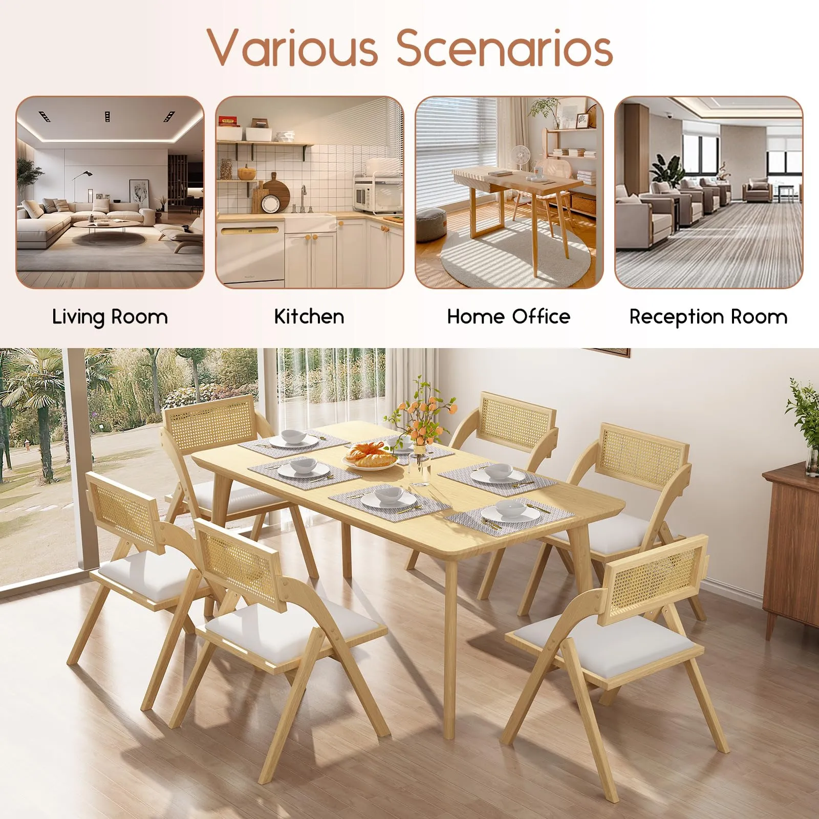 lavimiya Beige Folding Dining Chairs Set of 2, Wooden Foldable Dining Chairs, Modern Mid Century Leather Rattan Dining Room Chairs with Padded Cushion for Kitchen, Living Room, Small Space