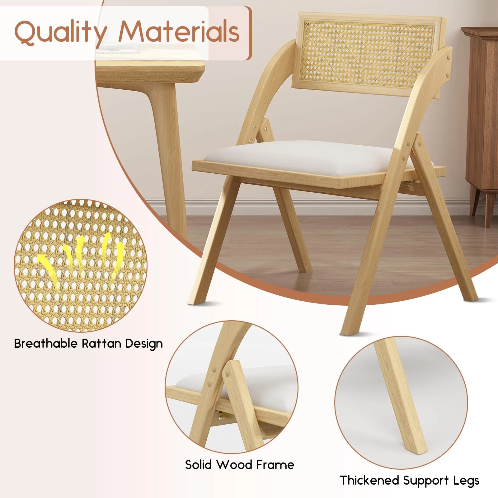 lavimiya Beige Folding Dining Chairs Set of 2, Wooden Foldable Dining Chairs, Modern Mid Century Leather Rattan Dining Room Chairs with Padded Cushion for Kitchen, Living Room, Small Space