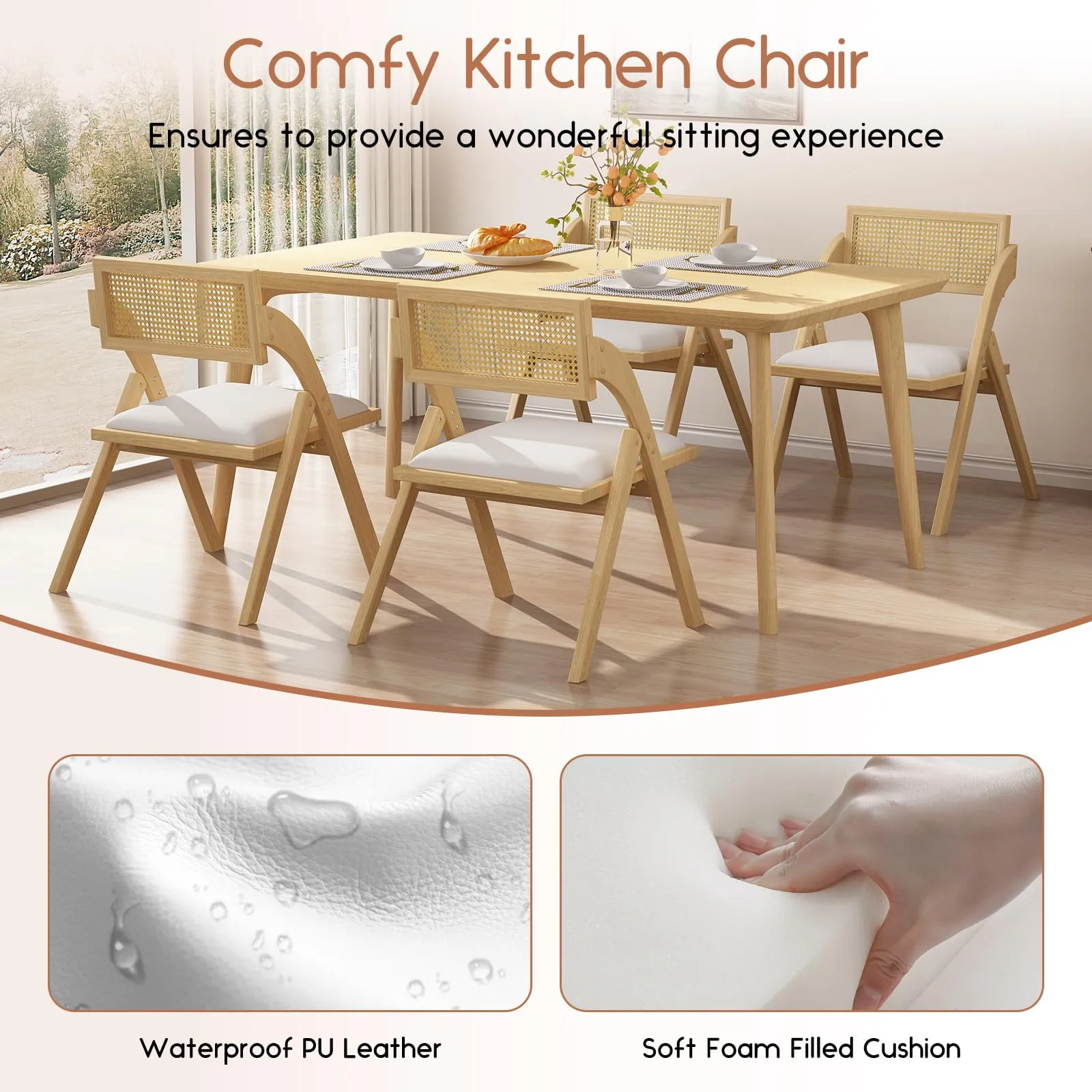 lavimiya Beige Folding Dining Chairs Set of 2, Wooden Foldable Dining Chairs, Modern Mid Century Leather Rattan Dining Room Chairs with Padded Cushion for Kitchen, Living Room, Small Space
