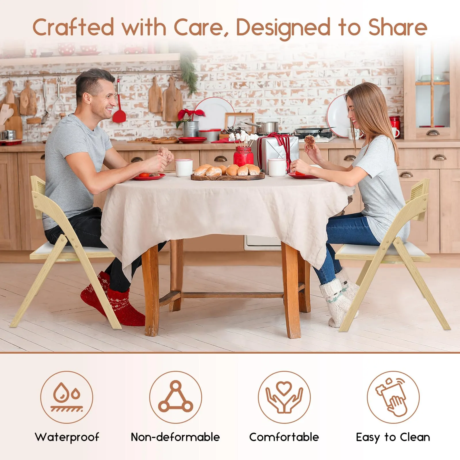 lavimiya Beige Folding Dining Chairs Set of 2, Wooden Foldable Dining Chairs, Modern Mid Century Leather Rattan Dining Room Chairs with Padded Cushion for Kitchen, Living Room, Small Space