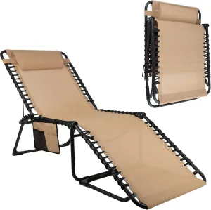 Lavish Home Folding Lounge Chair Outdoor Recliner - 3 Position Chaise Lounge Outdoor Beach Tanning Chair with Side Pocket and Removable Pillow - Portable Patio Furniture for Pool or Lawn (Beige)