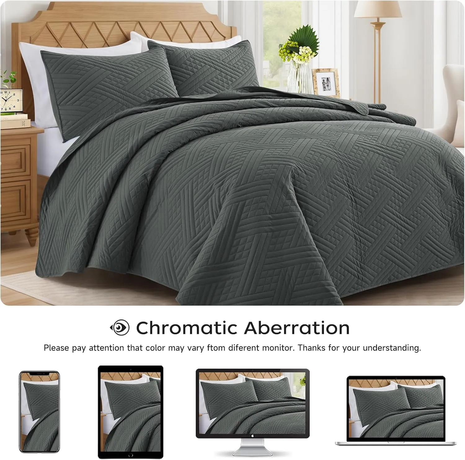 Lavsiry Dark Grey Quilt Queen Size with Striped Pattern, Lightweight Soft Summer Thin Microfiber Bedspread & Coverlet Bedding Set for All Seasons - 3 Piece(1 Quilt, 2 Pillow Shams)