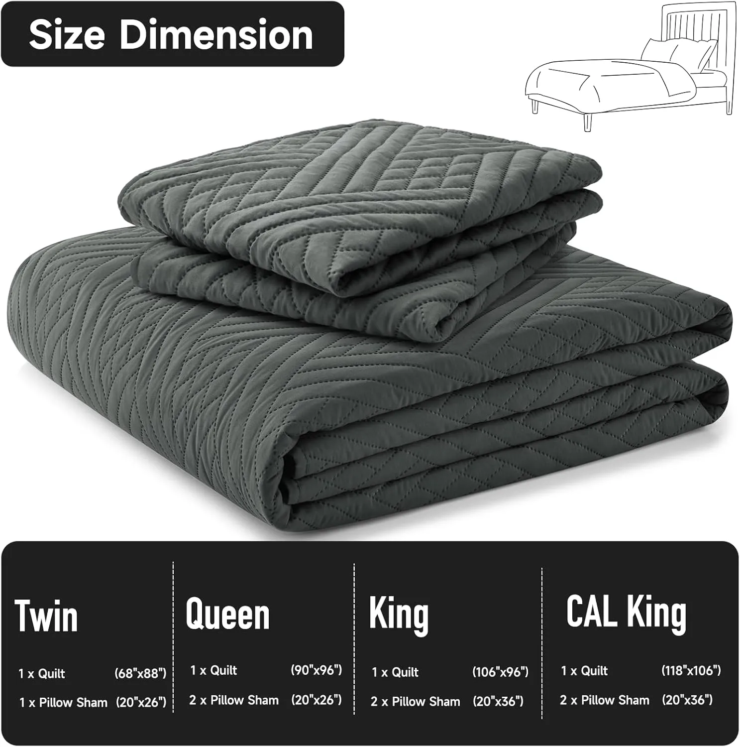 Lavsiry Dark Grey Quilt Queen Size with Striped Pattern, Lightweight Soft Summer Thin Microfiber Bedspread & Coverlet Bedding Set for All Seasons - 3 Piece(1 Quilt, 2 Pillow Shams)