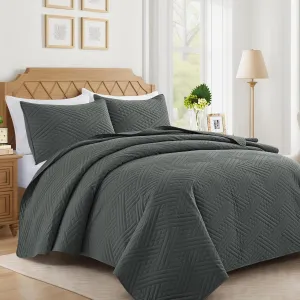 Lavsiry Dark Grey Quilt Queen Size with Striped Pattern, Lightweight Soft Summer Thin Microfiber Bedspread & Coverlet Bedding Set for All Seasons - 3 Piece(1 Quilt, 2 Pillow Shams)