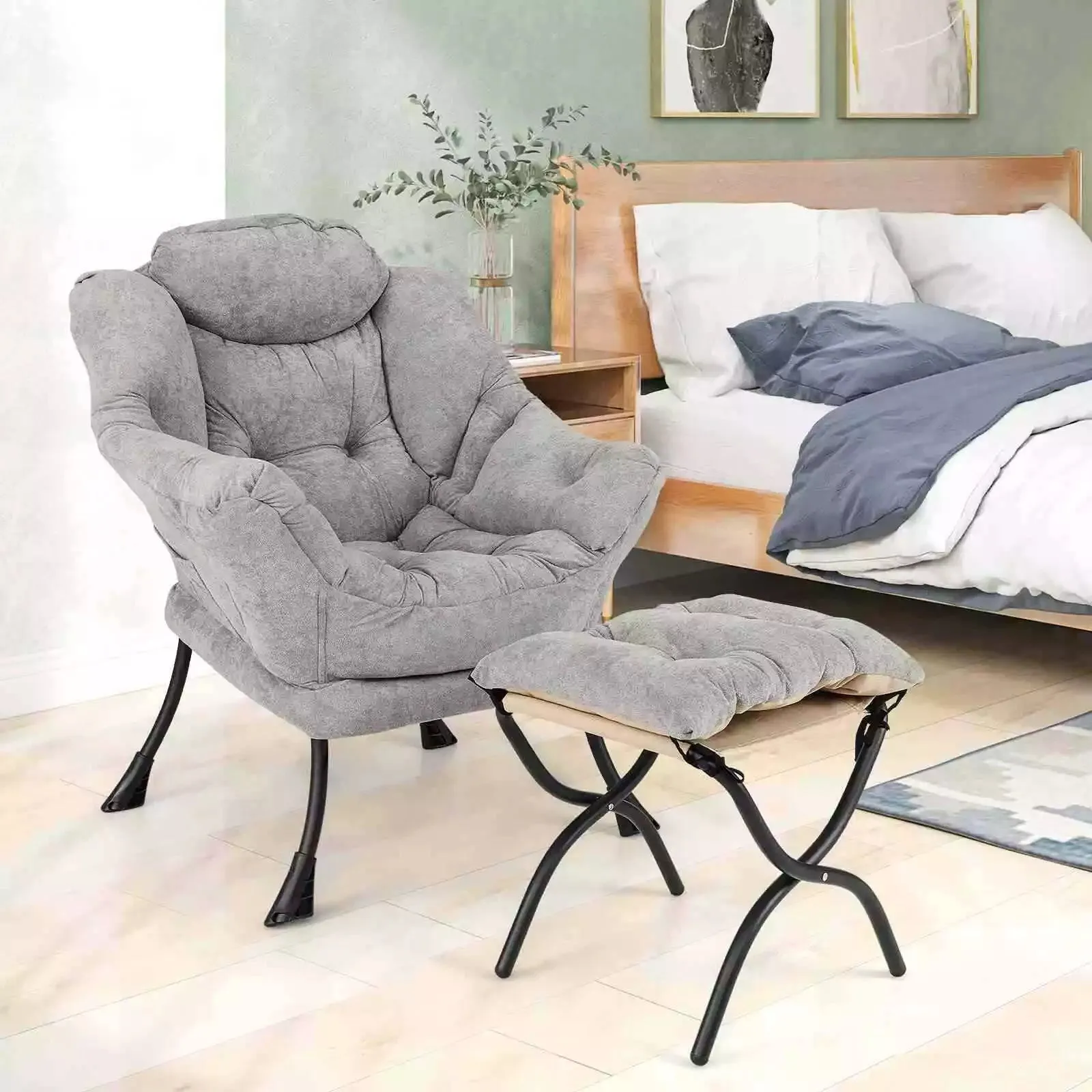 Lazy Chair w/ Ottoman Sherpa Lounge Accent Chair w/ Folding Footrest for Bedroom