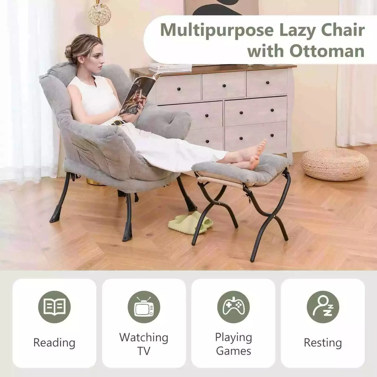 Lazy Chair w/ Ottoman Sherpa Lounge Accent Chair w/ Folding Footrest for Bedroom