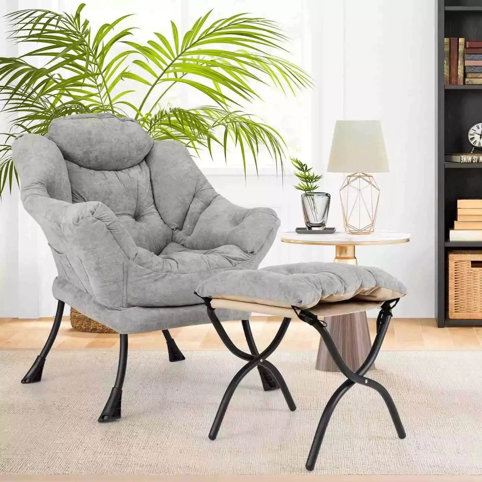 Lazy Chair w/ Ottoman Sherpa Lounge Accent Chair w/ Folding Footrest for Bedroom
