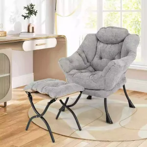 Lazy Chair w/ Ottoman Sherpa Lounge Accent Chair w/ Folding Footrest for Bedroom
