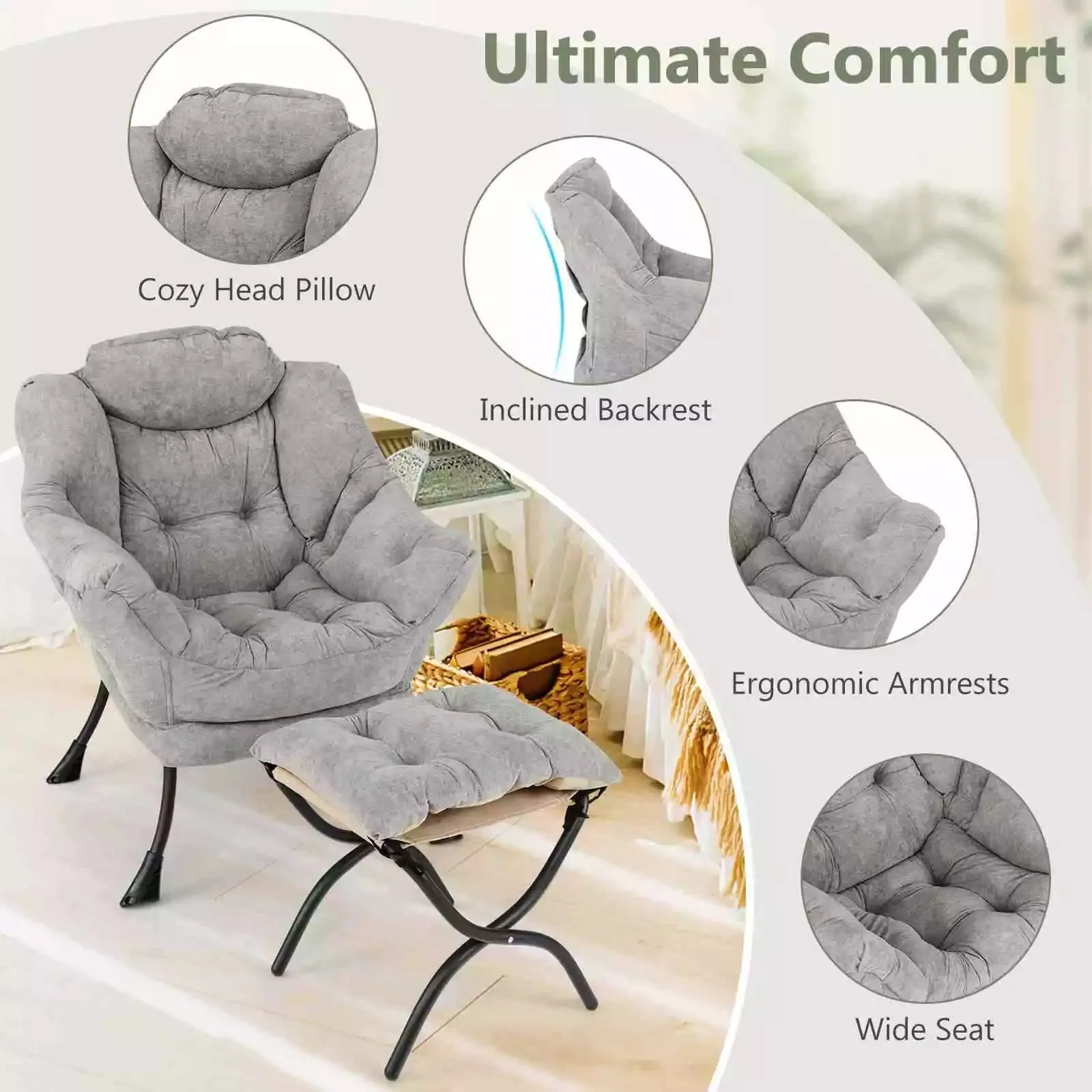 Lazy Chair w/ Ottoman Sherpa Lounge Accent Chair w/ Folding Footrest for Bedroom