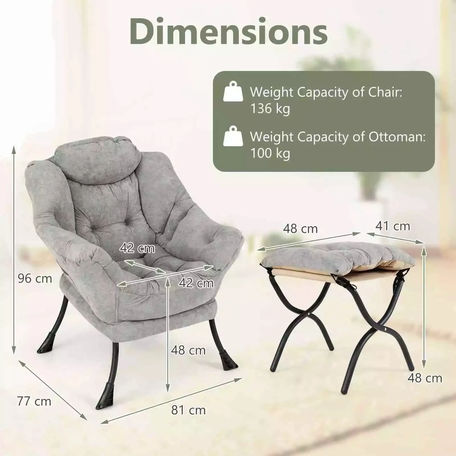 Lazy Chair w/ Ottoman Sherpa Lounge Accent Chair w/ Folding Footrest for Bedroom