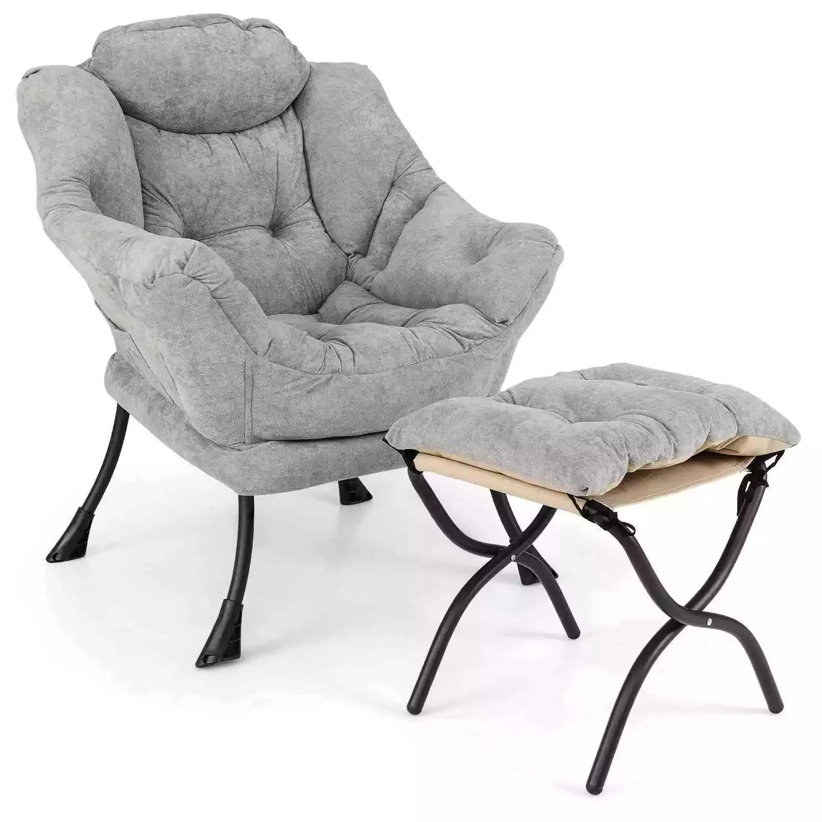 Lazy Chair w/ Ottoman Sherpa Lounge Accent Chair w/ Folding Footrest for Bedroom