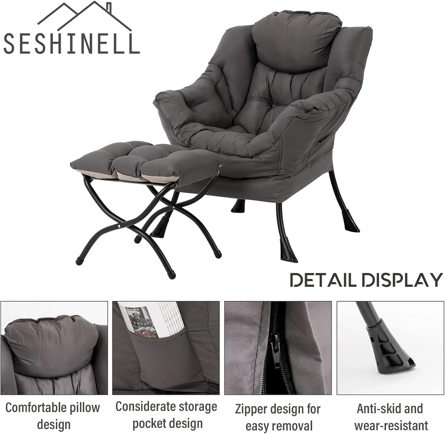 Lazy Chair with Ottoman, Modern Accent Chair Contemporary Lounge Leisure Sofa Chair with Armrests, Reading Chair and Folding Footstool Set for Living Room, Bedroom, Office, Dark Grey