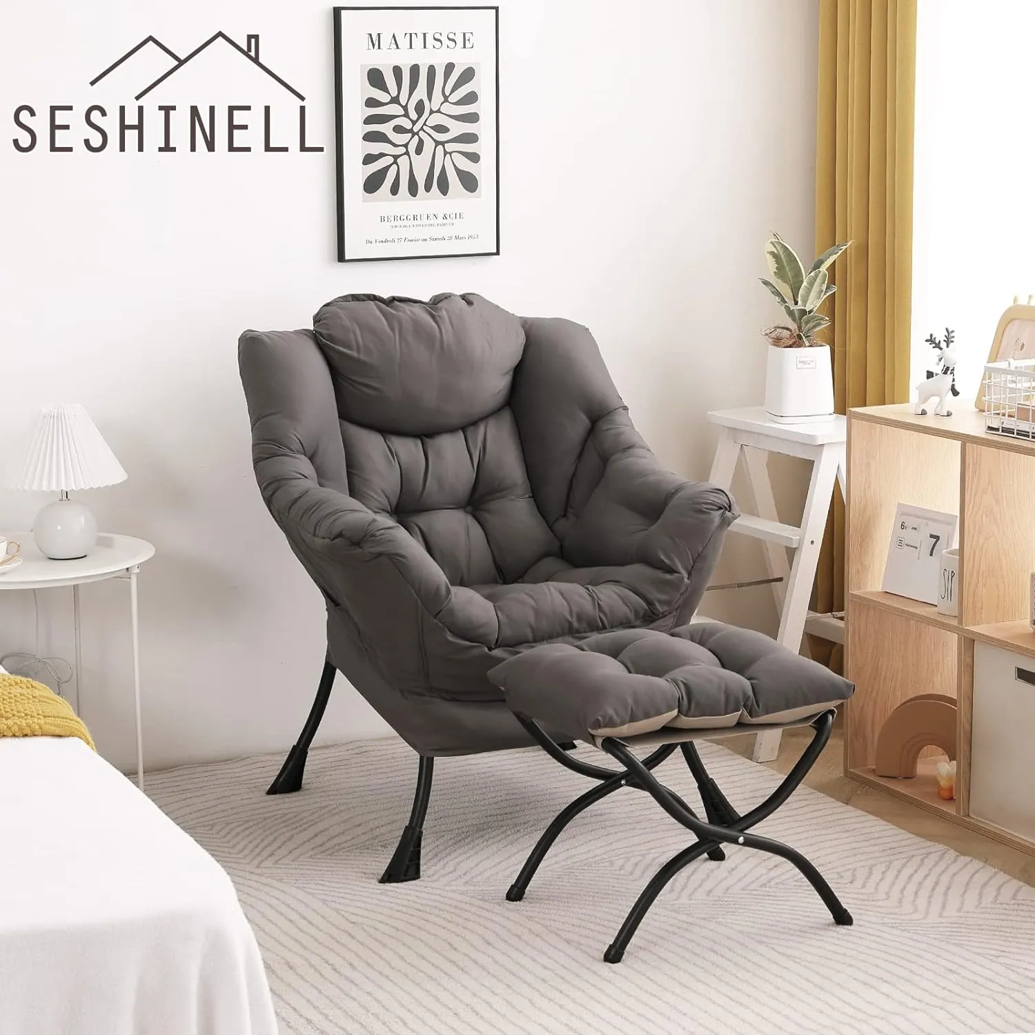 Lazy Chair with Ottoman, Modern Accent Chair Contemporary Lounge Leisure Sofa Chair with Armrests, Reading Chair and Folding Footstool Set for Living Room, Bedroom, Office, Dark Grey