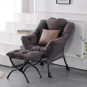 Lazy Chair with Ottoman, Modern Accent Chair Contemporary Lounge Leisure Sofa Chair with Armrests, Reading Chair and Folding Footstool Set for Living Room, Bedroom, Office, Dark Grey