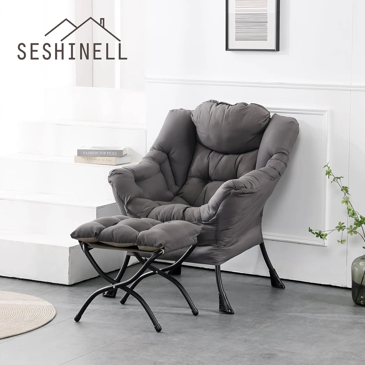 Lazy Chair with Ottoman, Modern Accent Chair Contemporary Lounge Leisure Sofa Chair with Armrests, Reading Chair and Folding Footstool Set for Living Room, Bedroom, Office, Dark Grey