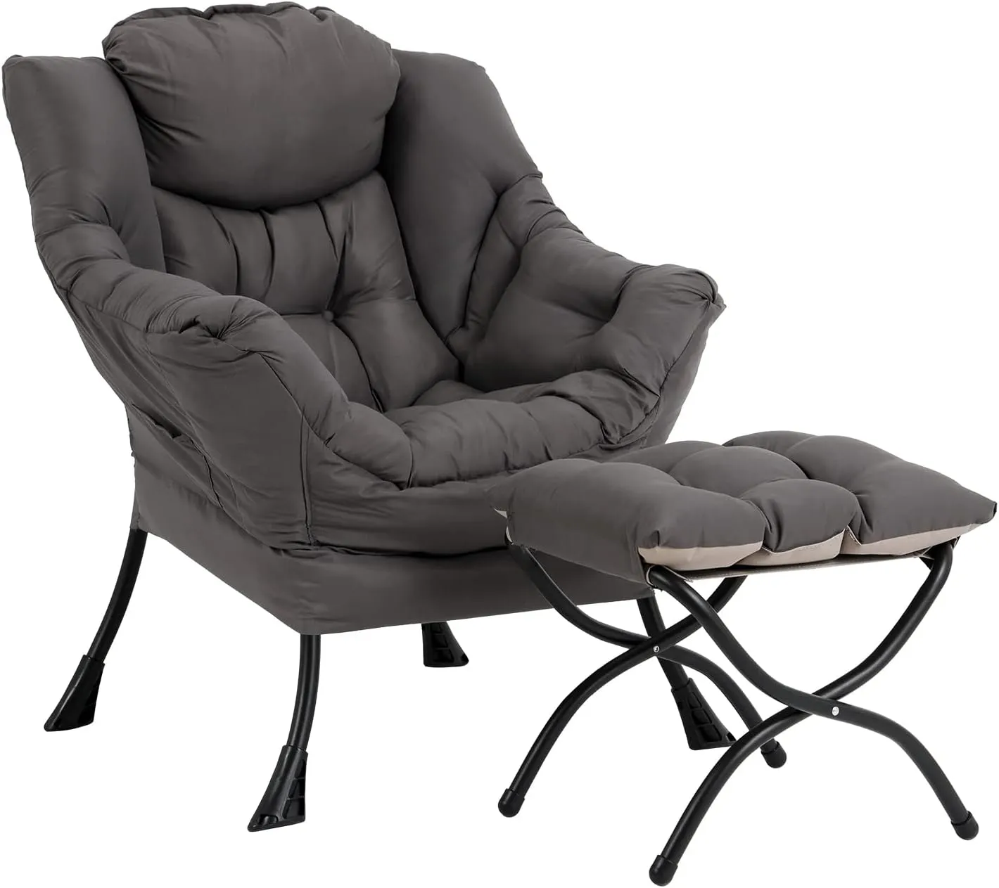 Lazy Chair with Ottoman, Modern Accent Chair Contemporary Lounge Leisure Sofa Chair with Armrests, Reading Chair and Folding Footstool Set for Living Room, Bedroom, Office, Dark Grey