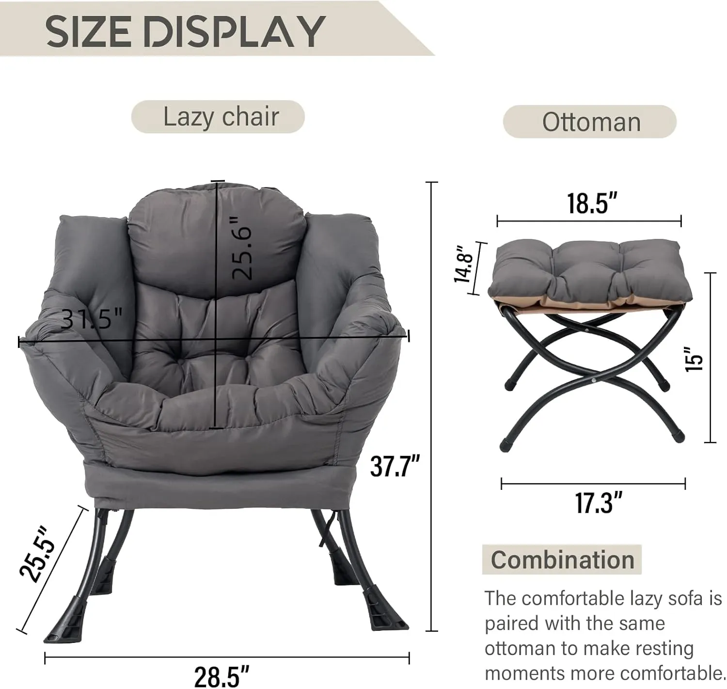 Lazy Chair with Ottoman, Modern Accent Chair Contemporary Lounge Leisure Sofa Chair with Armrests, Reading Chair and Folding Footstool Set for Living Room, Bedroom, Office, Dark Grey
