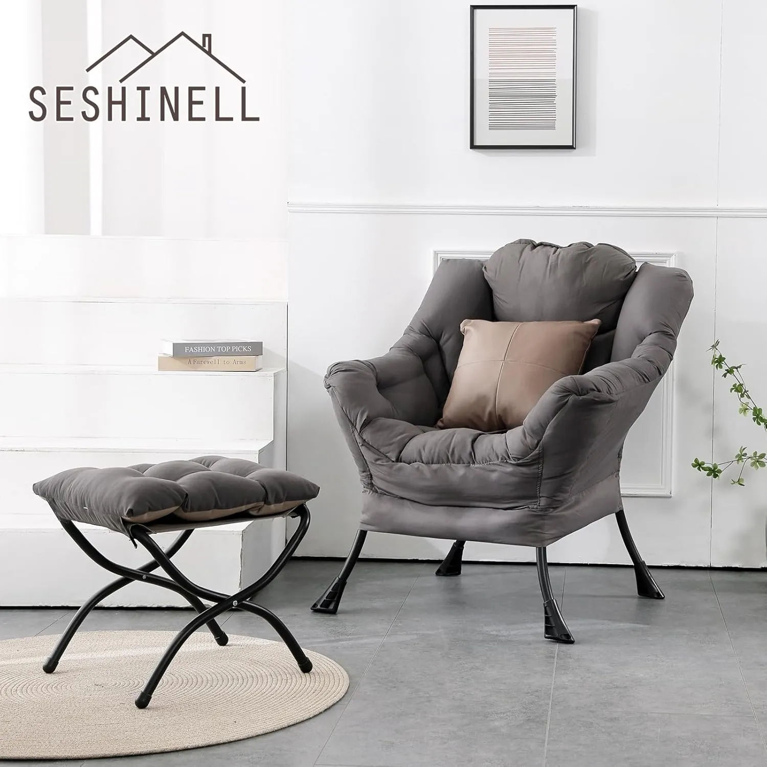 Lazy Chair with Ottoman, Modern Accent Chair Contemporary Lounge Leisure Sofa Chair with Armrests, Reading Chair and Folding Footstool Set for Living Room, Bedroom, Office, Dark Grey