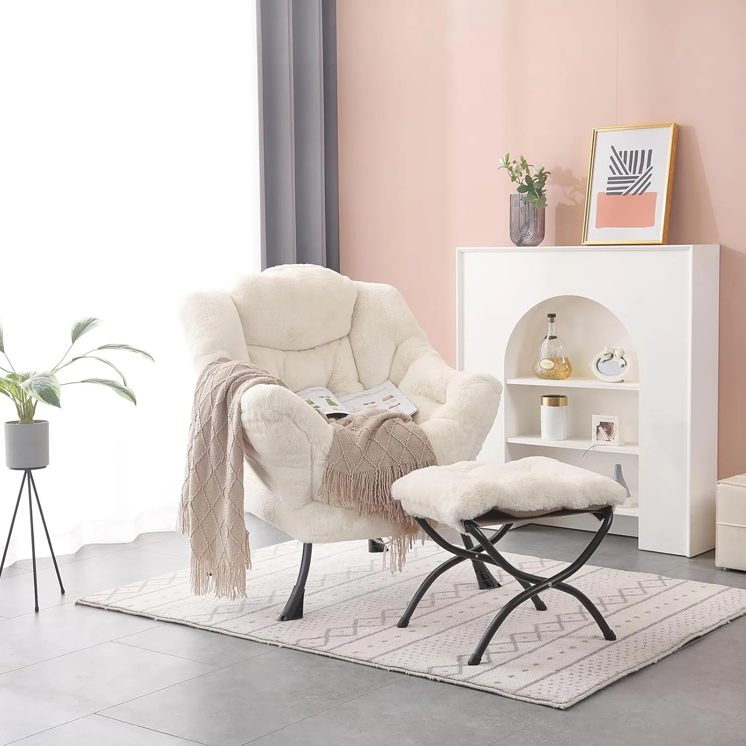 Lazy Chair with Ottoman, Modern Accent Chair Contemporary Lounge Leisure Upholstered Sofa Chair Set with Armrests, Reading Chair for Living Room, Bedroom, Office, Plush Beige