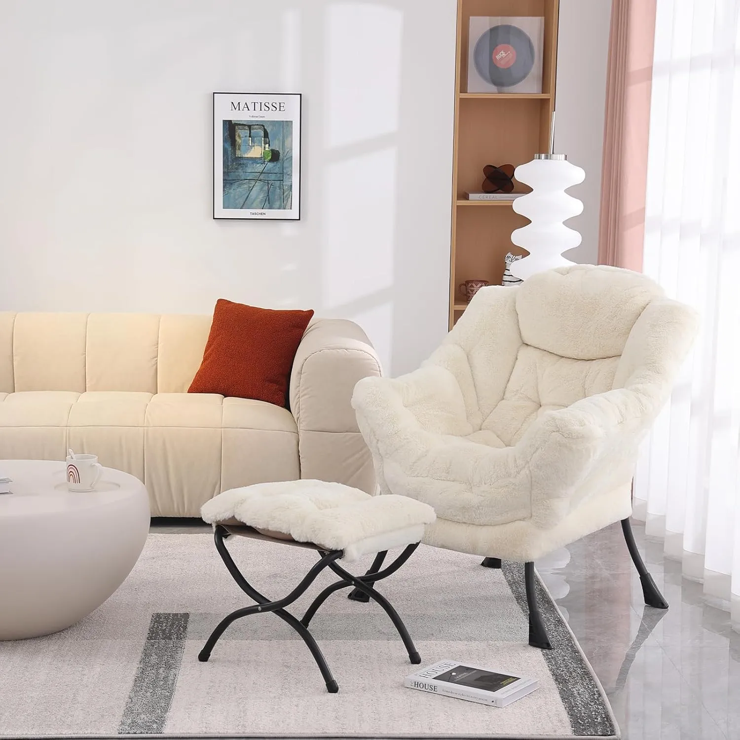 Lazy Chair with Ottoman, Modern Accent Chair Contemporary Lounge Leisure Upholstered Sofa Chair Set with Armrests, Reading Chair for Living Room, Bedroom, Office, Plush Beige