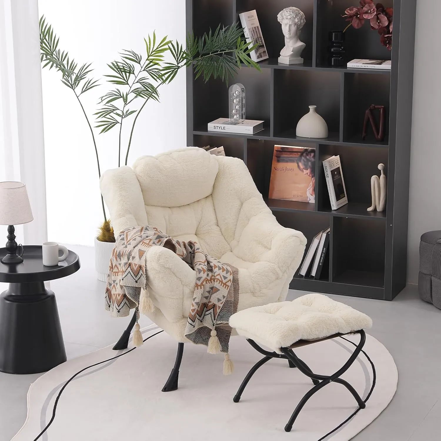 Lazy Chair with Ottoman, Modern Accent Chair Contemporary Lounge Leisure Upholstered Sofa Chair Set with Armrests, Reading Chair for Living Room, Bedroom, Office, Plush Beige