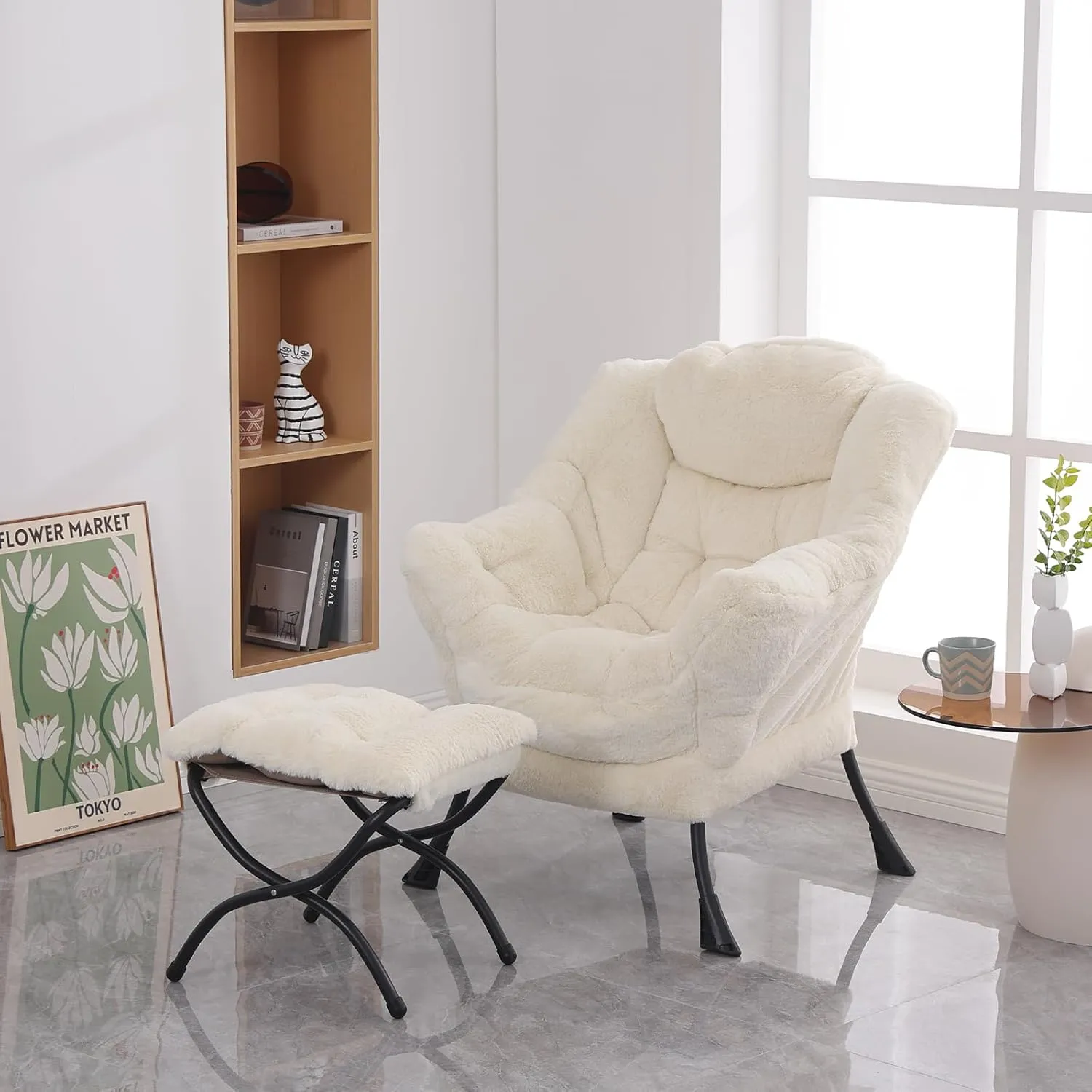 Lazy Chair with Ottoman, Modern Accent Chair Contemporary Lounge Leisure Upholstered Sofa Chair Set with Armrests, Reading Chair for Living Room, Bedroom, Office, Plush Beige