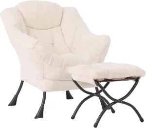 Lazy Chair with Ottoman, Modern Accent Chair Contemporary Lounge Leisure Upholstered Sofa Chair Set with Armrests, Reading Chair for Living Room, Bedroom, Office, Plush Beige