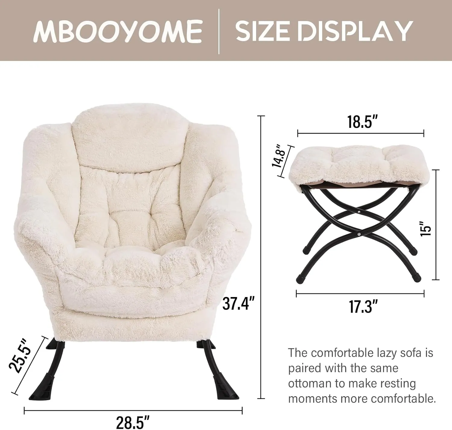 Lazy Chair with Ottoman, Modern Accent Chair Contemporary Lounge Leisure Upholstered Sofa Chair Set with Armrests, Reading Chair for Living Room, Bedroom, Office, Plush Beige