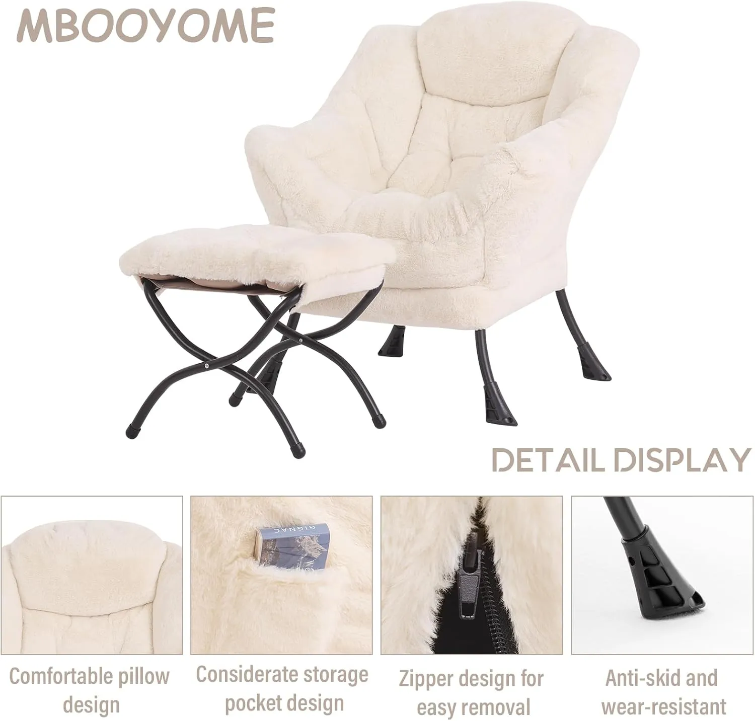 Lazy Chair with Ottoman, Modern Accent Chair Contemporary Lounge Leisure Upholstered Sofa Chair Set with Armrests, Reading Chair for Living Room, Bedroom, Office, Plush Beige