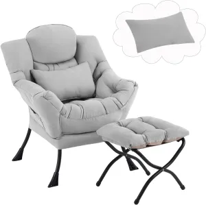 Lazy Chair with Ottoman, Modern Lounge Chair with Lumbar Pillow, Accent Cozy Reading Armchair and Folding Footstool for Bedroom, Dorm, Living Room,Light Grey