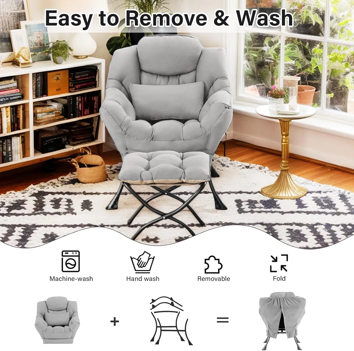 Lazy Chair with Ottoman, Modern Lounge Chair with Lumbar Pillow, Accent Cozy Reading Armchair and Folding Footstool for Bedroom, Dorm, Living Room,Light Grey