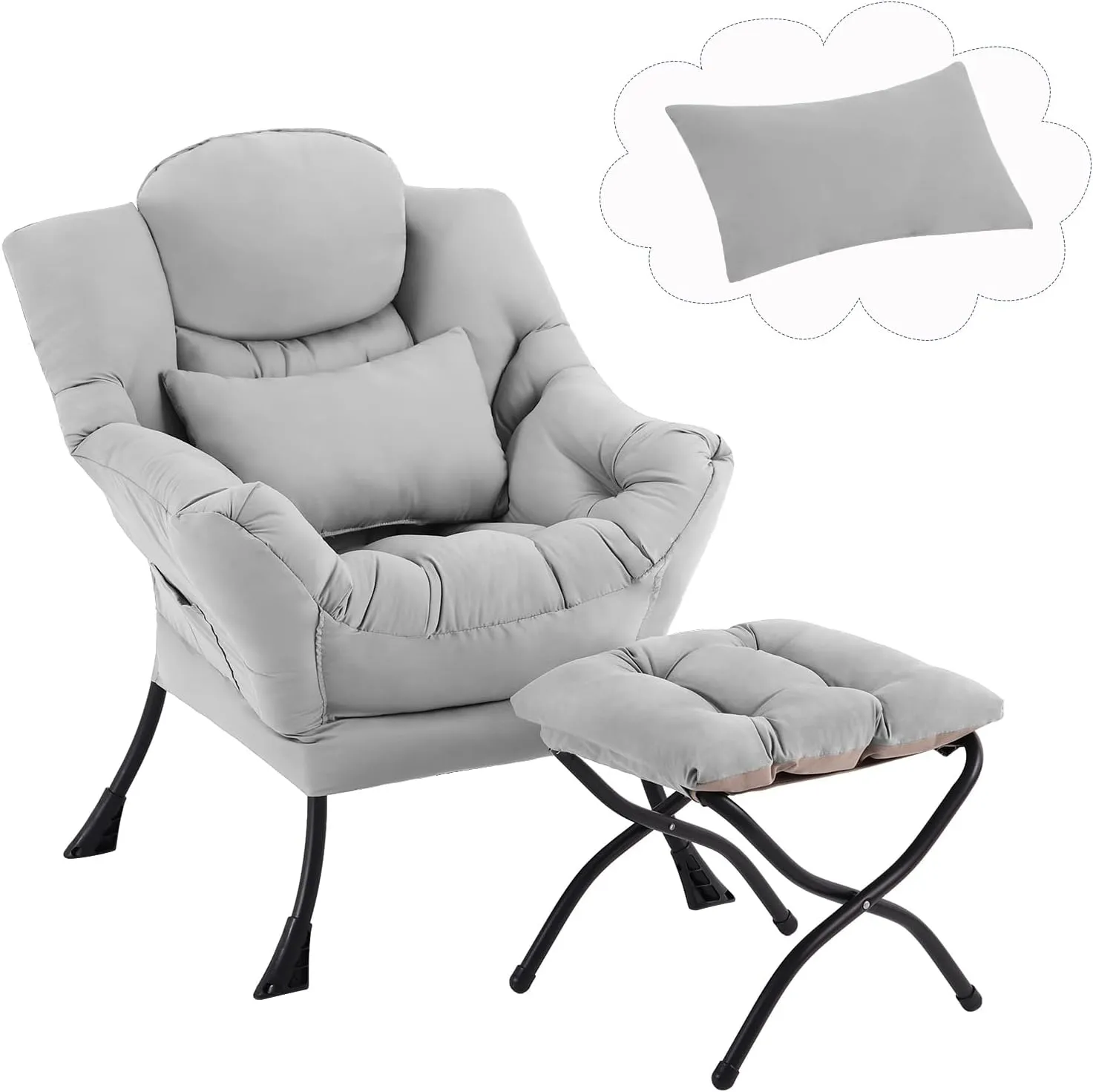 Lazy Chair with Ottoman, Modern Lounge Chair with Lumbar Pillow, Accent Cozy Reading Armchair and Folding Footstool for Bedroom, Dorm, Living Room,Light Grey
