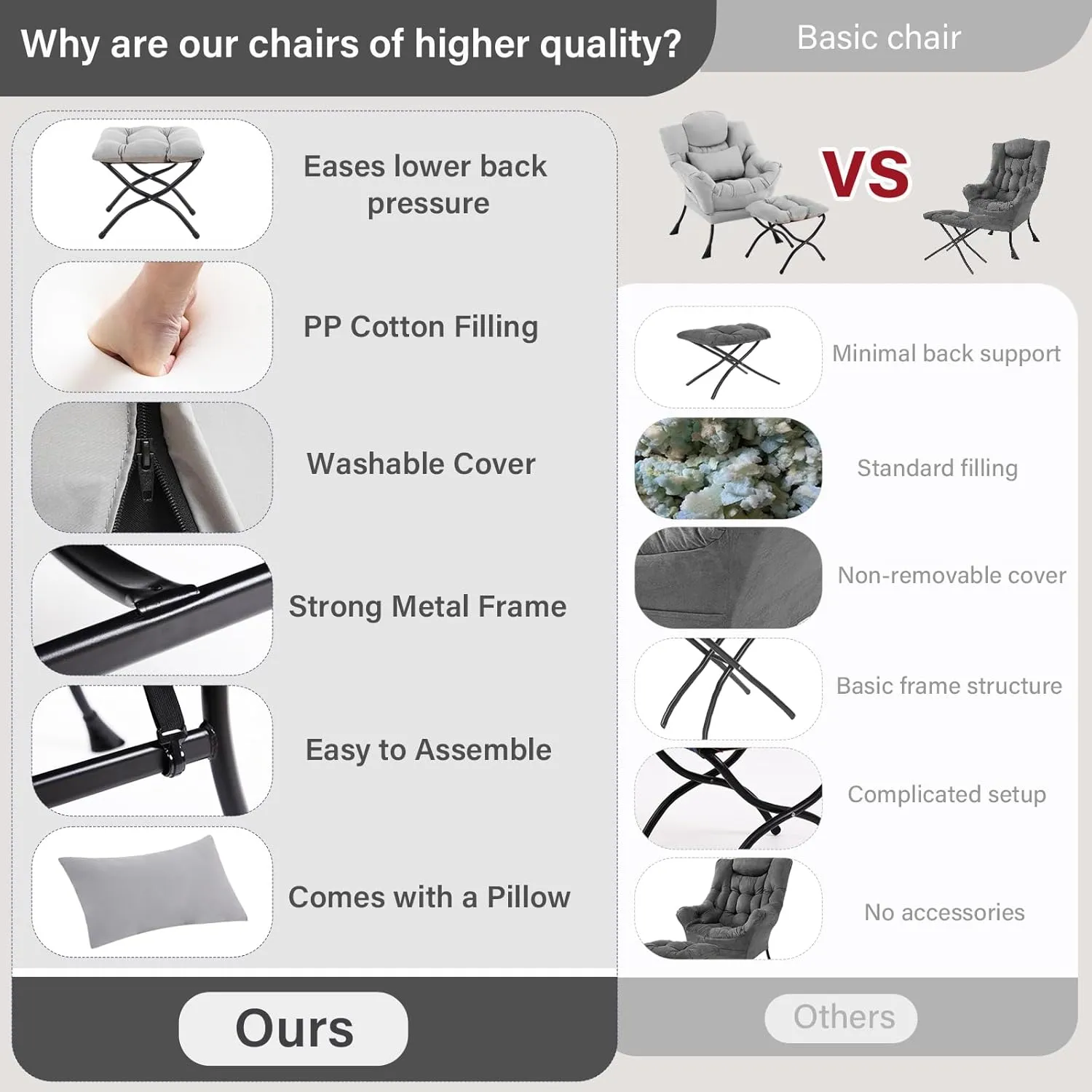 Lazy Chair with Ottoman, Modern Lounge Chair with Lumbar Pillow, Accent Cozy Reading Armchair and Folding Footstool for Bedroom, Dorm, Living Room,Light Grey