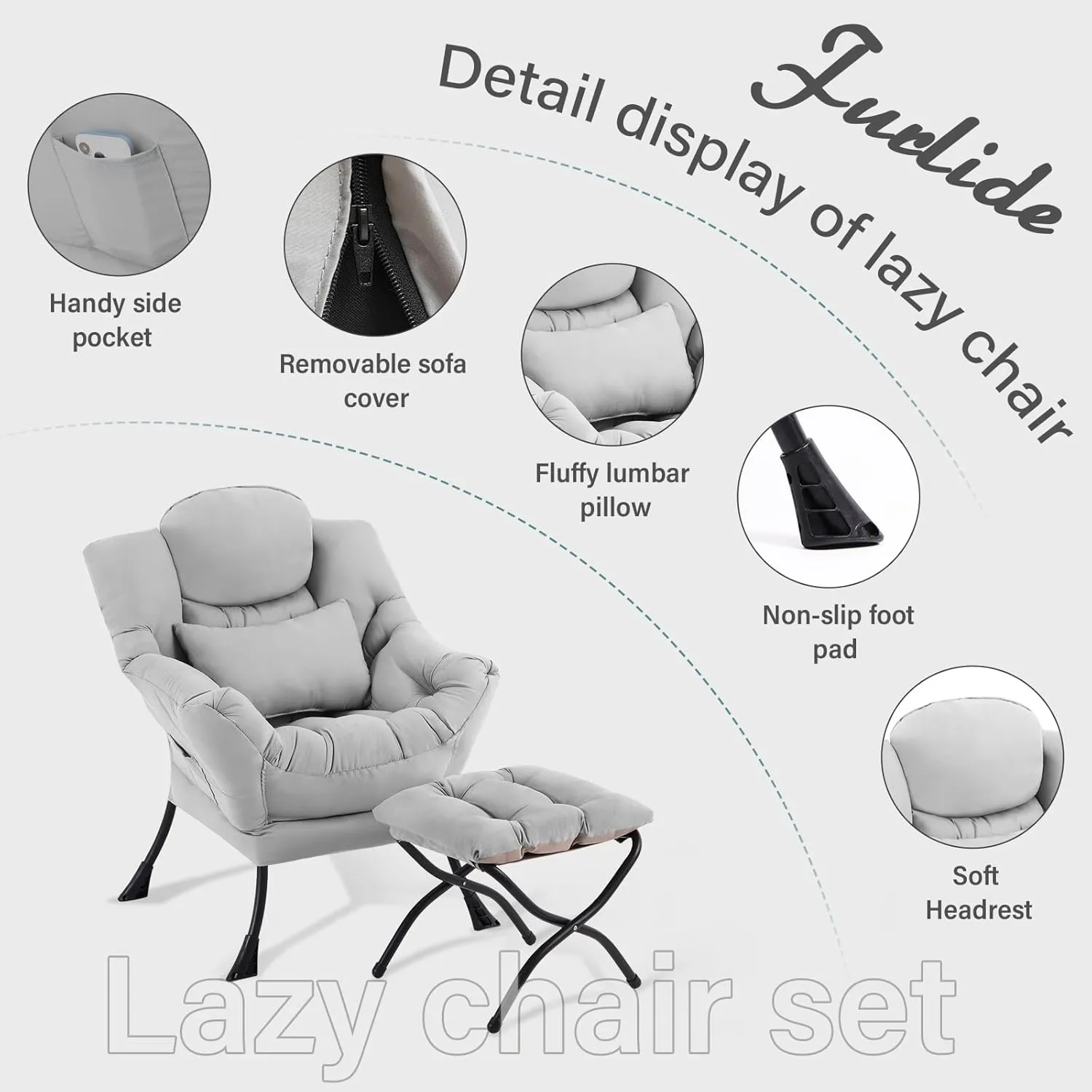 Lazy Chair with Ottoman, Modern Lounge Chair with Lumbar Pillow, Accent Cozy Reading Armchair and Folding Footstool for Bedroom, Dorm, Living Room,Light Grey