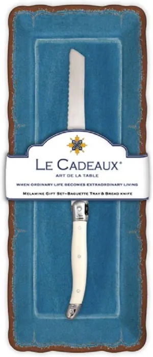 Le Cadeaux Antiqua Baguette Tray and Laguiole Bread Knife Gift Set, Blue