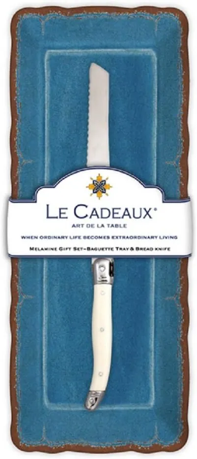 Le Cadeaux Antiqua Baguette Tray and Laguiole Bread Knife Gift Set, Blue