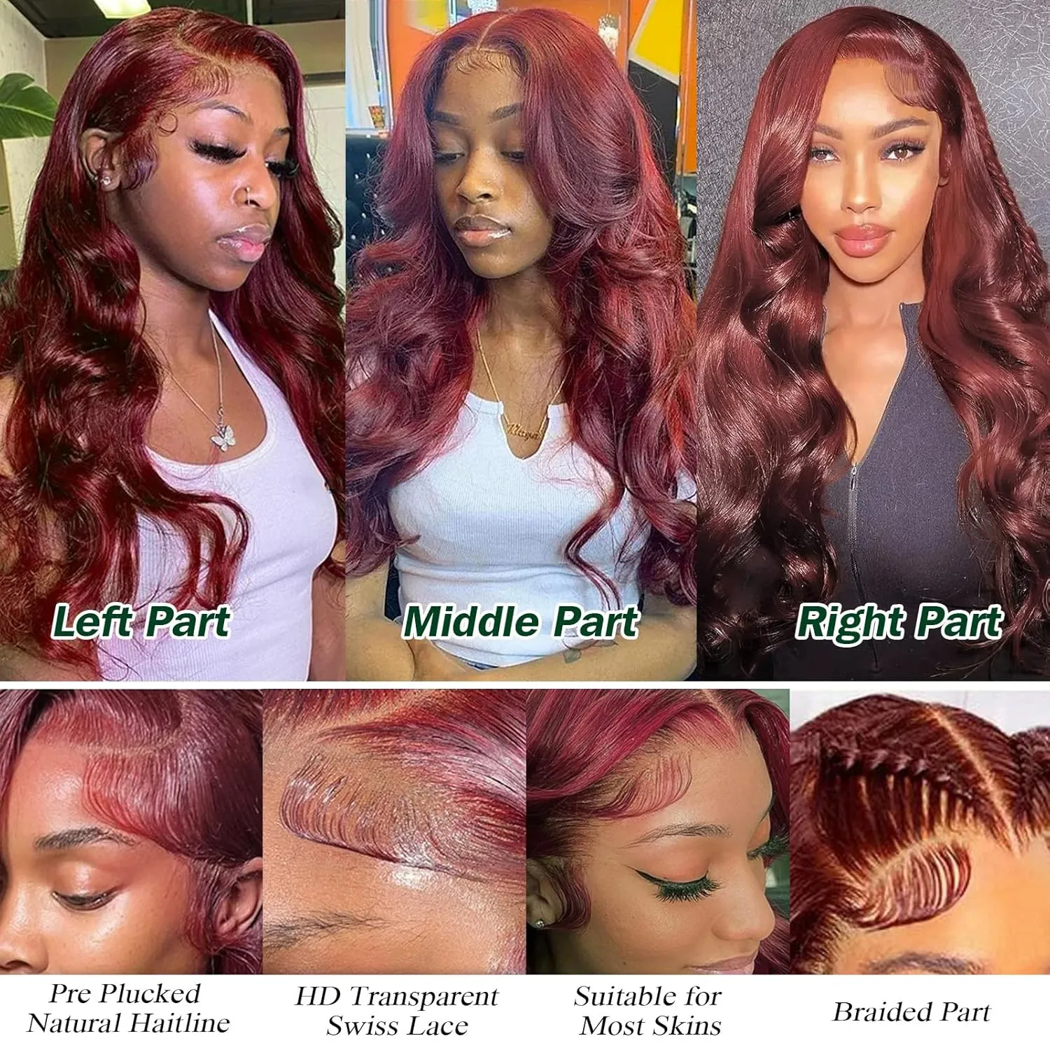 LEOSA Burgundy Lace Front Wig Body Wave Highlighted Pre Plucked 13x4 Lace Frontal Wig Synthetic Red Long Haired Wig Natural Hairline Wavy Womens Lace Wig