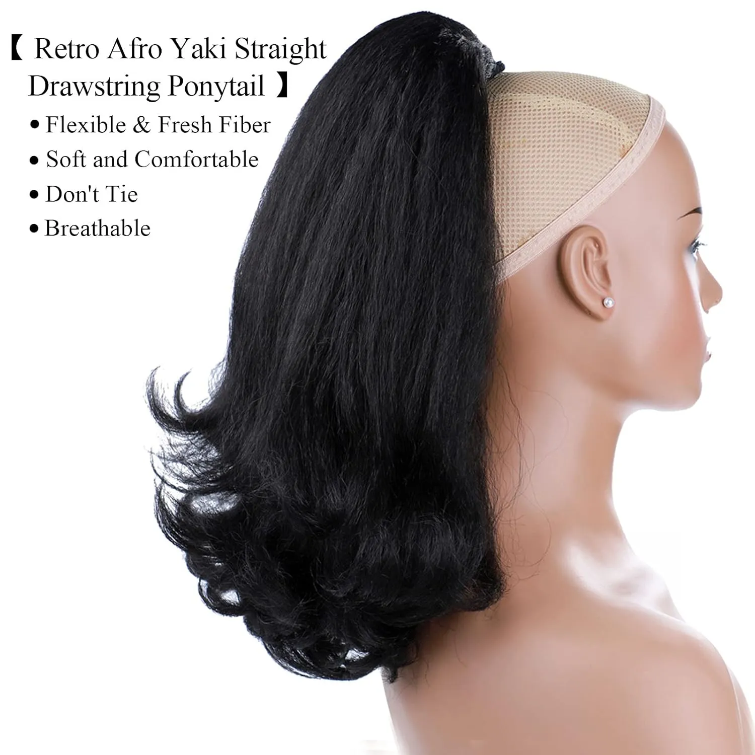 LEOSA Kinky Straight Drawstring Ponytail Extension for Black Women Tail Warping Pony tail Hair Extainson Natural Black Ponytail Synthetic 16" Yaki Straight Ponytail Hair Bun Hair Pieces for Women