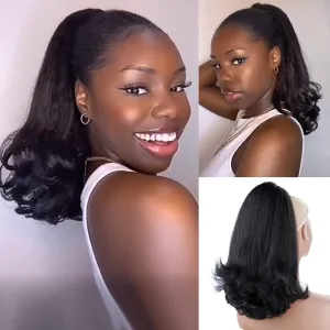 LEOSA Kinky Straight Drawstring Ponytail Extension for Black Women Tail Warping Pony tail Hair Extainson Natural Black Ponytail Synthetic 16" Yaki Straight Ponytail Hair Bun Hair Pieces for Women