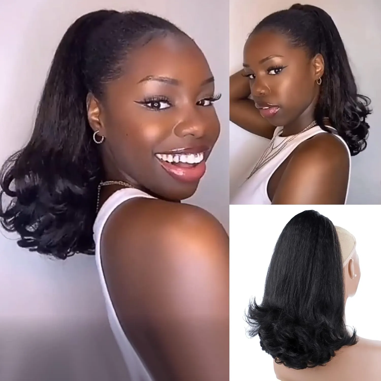LEOSA Kinky Straight Drawstring Ponytail Extension for Black Women Tail Warping Pony tail Hair Extainson Natural Black Ponytail Synthetic 16" Yaki Straight Ponytail Hair Bun Hair Pieces for Women