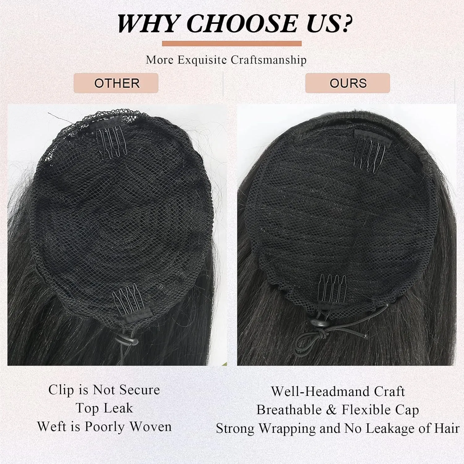 LEOSA Ponytail Extension 14 inch Yaki Drawstring Ponytails for Black Women Short Natural Mixed Highlight Brown Kinky Straight Drawstring Natural Hair Ponytail (14 Inch, P2-27#)