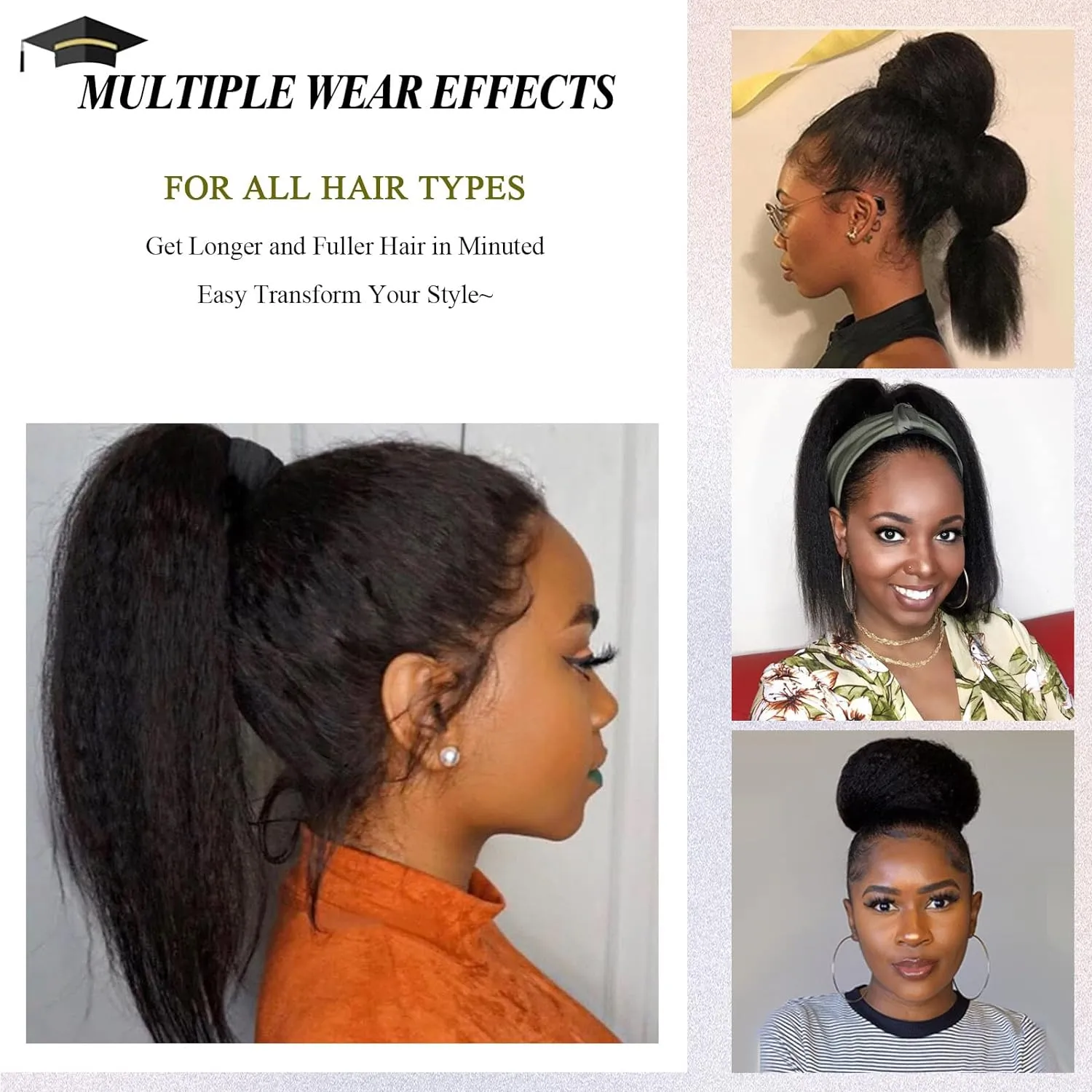 LEOSA Ponytail Extension 14 inch Yaki Drawstring Ponytails for Black Women Short Natural Mixed Highlight Brown Kinky Straight Drawstring Natural Hair Ponytail (14 Inch, P2-27#)