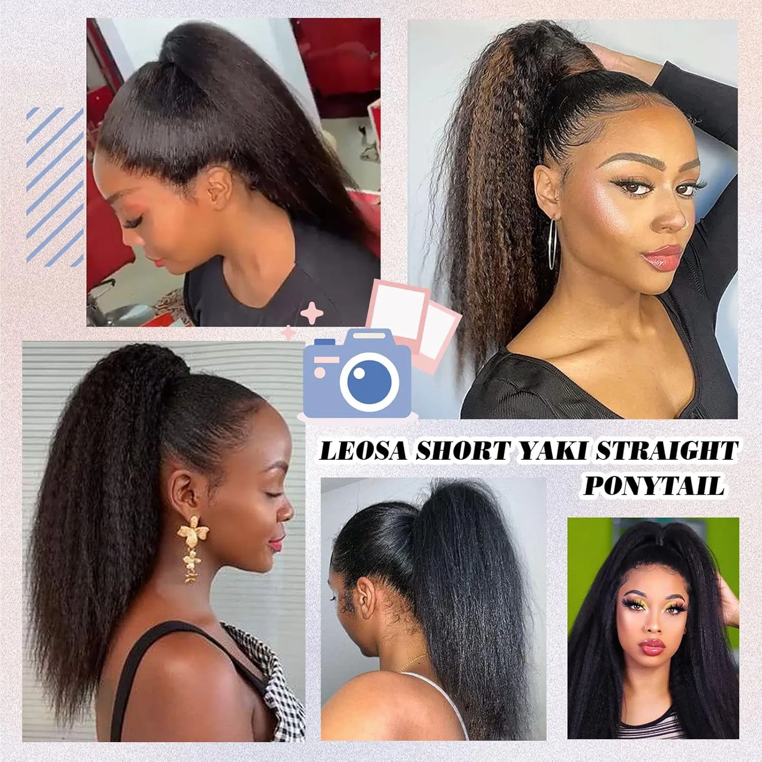 LEOSA Ponytail Extension 14 inch Yaki Drawstring Ponytails for Black Women Short Natural Mixed Highlight Brown Kinky Straight Drawstring Natural Hair Ponytail (14 Inch, P2-27#)