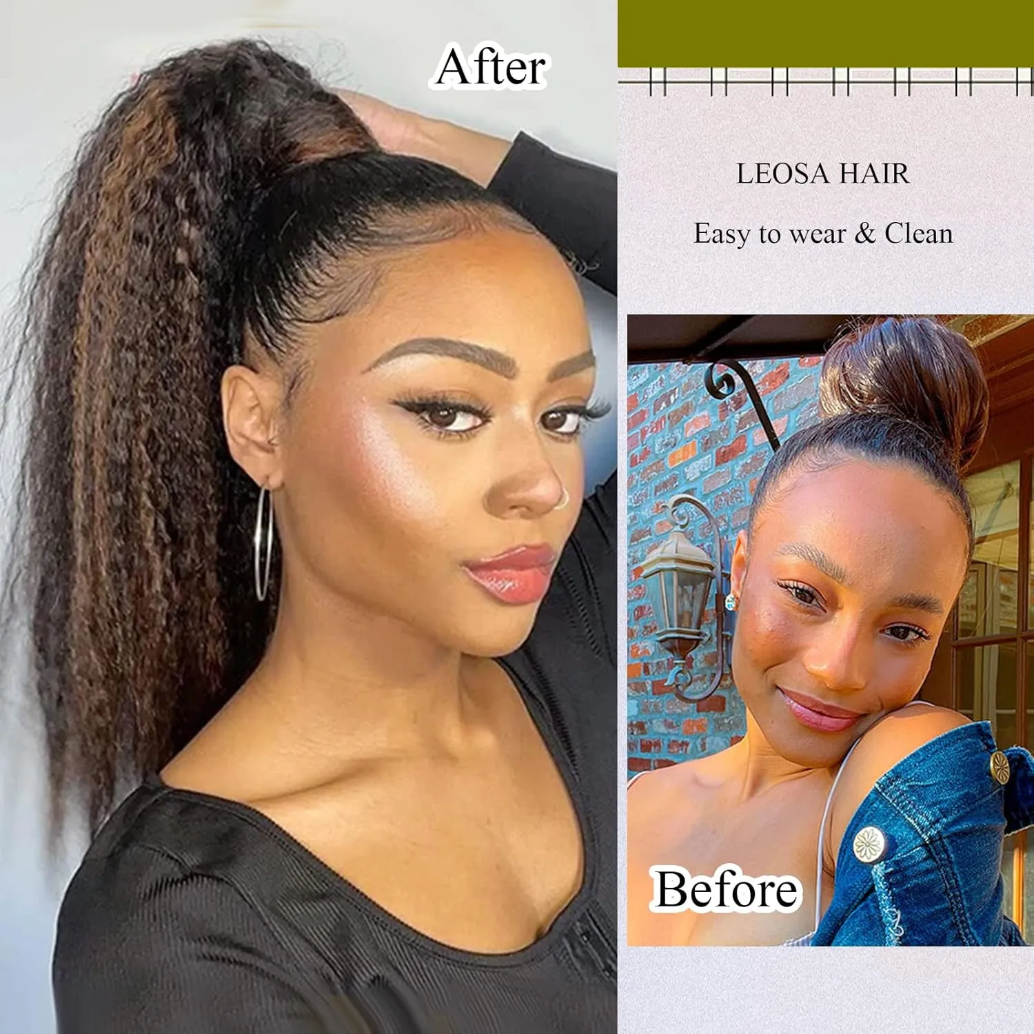 LEOSA Ponytail Extension 14 inch Yaki Drawstring Ponytails for Black Women Short Natural Mixed Highlight Brown Kinky Straight Drawstring Natural Hair Ponytail (14 Inch, P2-27#)