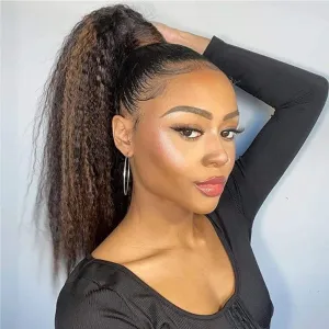 LEOSA Ponytail Extension 14 inch Yaki Drawstring Ponytails for Black Women Short Natural Mixed Highlight Brown Kinky Straight Drawstring Natural Hair Ponytail (14 Inch, P2-27#)